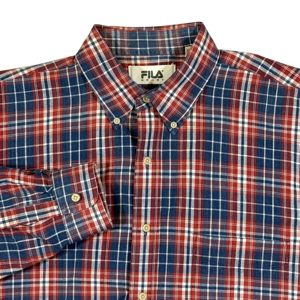 Fila Sport Plaid Button Down Shirt Mens Large Red Blue Retro Gorpcore Workwear